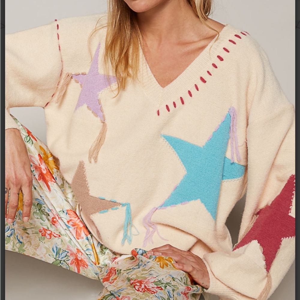 BP27🩵NEW!POL pretty cream v-neck sweater w/amazing star motif+boho dreamy style - Picture 7 of 12